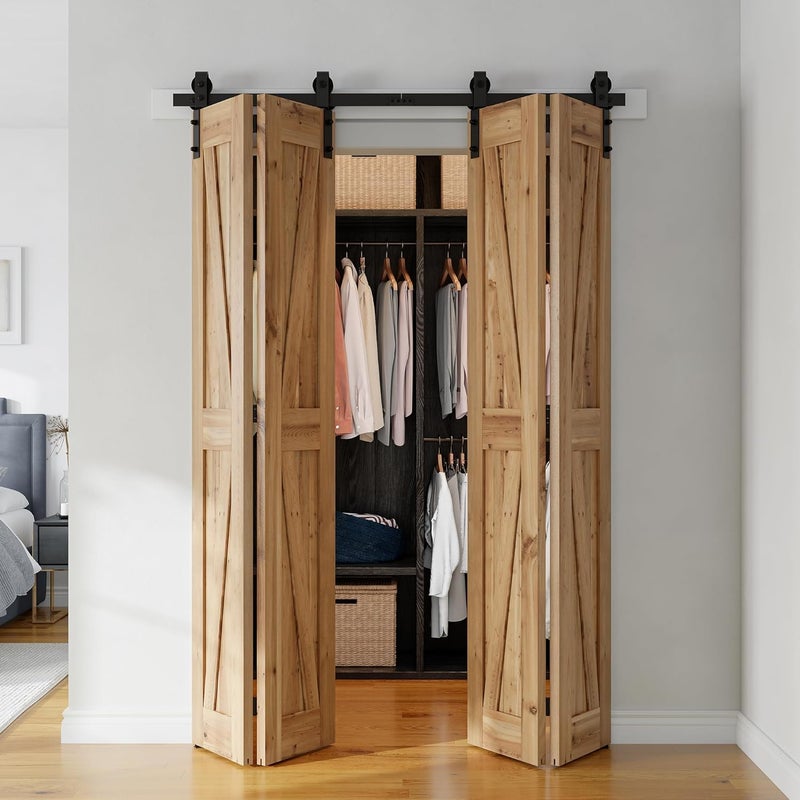 SMARTSTANDARD 5.3ft/64'' Bi-Folding Sliding Barn Door Hardware Kit, Bifold Barn Door Hardware Heavy Duty Sturdy Side Mounted for 4 Doors -Smoothly and Quietly-Easy to Install, Fit 60'' Door, No Doors - Image 4